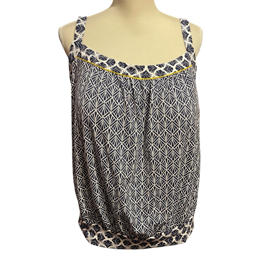 Lands End Blouson Tummy Hiding Tankini Swim Top Geometric Blue White Size 16W DD